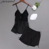 Jerrinut 2PCS بيجامة مجموعة للنساء منامة الصيف النوم الحرير اللطخة بيما الأعلى والسراويل أكمام نوم الإناث 220329