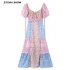 Retro Short Puff Sleeve Contrast Color Flower Dres Romantic Square neck Ruched front Hem Patchwork Long Dresses Holiday 220517