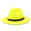 Шляпы для женщин Федорас сплошной цвет флот, колпачки мужчин Fedora с пряжкой ремень Желтый широкий Brim Trilby платье вечеринка церковная шляпа