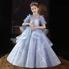 Cheap Blush Blue Flower Girls Dresses Long Sleeves For Weddings Lace Appliques Ball Gown Sequined Birthday Girl Communion Pageant Gowns 403