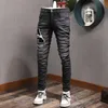 Jeans rétro pour hommes, Style de rue, mode, noir, gris, élastique, coupe cintrée, patchs déchirés, pantalon en Denim Hip Hop de styliste