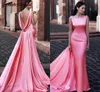 Mermaid Formal Evening Dresses 2022 Scoop Backless Middle East Women Evening Gowns with Wraps Watermelon Pink Dinner Dresses