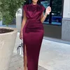 Women Dress Pleated Long Wine Red Elegant Slit High Collar Slim Fit Sleeveless Maxi Robes Female Shiny Gowns Party Spring 220615