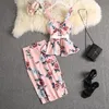 ALPHALMODA Sweet Tank Top Straight Skirt Women 2pcs Suit Ruffled Printed Blouses Outfit Knee Length Skirt Set 220725