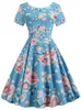 Verão Floral Impressão Elegante A-Linha Vestido de Festa Mulheres Slim Branco Manga Curta Balanço Pin Up Vintage Vestidos Robe Femme 220418