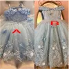2022 Śliczne lekkie niebo niebieskie dziewczyny suknie konkursowe Księżniczka Tiul Koronki Aplikacje Perły Dzieci Kwiat dziewczyny suknia balowa suknie urodzinowe ręcznie kwiaty B0603G5