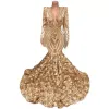 Africain Gold Mermaid Robes de bal V couche à manches longues plus taille D Robe de soirée Rose Elegant Formal Party Party Robe Black Girls Night Wear robe Soire