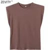 Women fashion solid color shoulder pad casual T-shirts female basic o neck sleeveless knitted T shirt chic leisure tops T678 220326