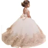 2022 Ivory Vintage Flower Girls' Dresses Baby Infant Toddler Baptism Clothes Satin Ball Gowns Birthday Party Dress Custom Made Puff Sleeve With Tail