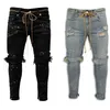 Ripped Hole Jeans för män Hip Hop Cargo Pant Distressed Light Blue Denim Skinny Kläder Full längd Höstbyxor 220328