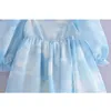 Summer Women Blooming Sky Color Organza Princess Dress Kvinnlig Sexig Square Neck Suff Sleeve Mini Party Dress Short Vestido CX220331