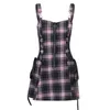 Insgot Mall Goth Black Plaid Dress Y2K Academia Bandaża Dress Line Dress Harajuku Streetwear Wysoka talia Sexy Backless Mini Dress G220414