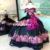 Charro Black Quinceanera Vestidos mexicanos fora do vestido de baile do ombro doce 16 vestido vintage princesa espartilho vestidos de baile plus size vestido de xv 15 anos 2022 com cinto