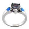 anello opale blu moda; Disegno del cuore dell'anello di gioielli in pietra arcobaleno mistico