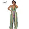 Summer Beach Vertical Striped Straight Long Jumpsuit Casual Women Halter Collar Backless Rompers Femme Overalls T200618