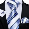 Classic 8cm Wide Mens Blue White Striped Silk Ties Set Business Wedding Tie Pocket Square Cufflinks Gifts For Men