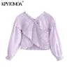 KPYTOMOA KOBIETY Słodka moda Smocked Elastyczne asymetryczne przycięte bluzki Vintage V Długie rękawy Koszule Koszule Chic Tops 210226