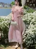 Robes de soirée rose robe à bretelles douces été femmes élégant col en v arc floral fée femme sexy épaule chic vacances vestidospartie