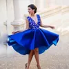 Custom Royal Blue Sexy Sexy De Deep V Lace Renda traseira Vestidos de festa de baile de alto nível mais tamanhos de joelho de joelho para mulheres para mulheres