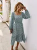 Casual Dresses Women Long Dress Spring Sleeve Chiffon Robe Elegant Ladies Flower Square Collar Party 2022 Black Clothes For Woman