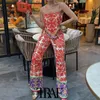 Traf Women Chic Fashion Patcwork Totem Print Straight Pants Vintage Высокая упругая талия ленты женские брюки Mujer 220812