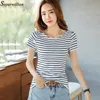 Women T-Shirt Cotton Short Long Sleeve Lady T Shirt Striped Summer Spring Autumn Female Blusa White Trendy Fashion Top Tee T0 220321