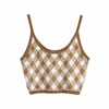 Vintage Stylish Brown Argyle Wzory Camis Tops Women Sexy Fashion Pasps Tops Femil Chic Camisole 210401
