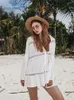 Women Swimsuit Cover Ups Mandarin Sleeve Kaftan Beach Tunic Dress Robe De Plage Solid White Pareo Beach Cover-ups #Q429 220531