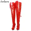 Sorbern Rote durchsichtige PVC-Stiefel für Damen im Schritt, Oberschenkelhoch, Damen-High-Heel-Plateau, maßgeschneiderter Stiefel mit breiter Wadenpassung, Unisex, Größe 5–15