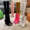 2023 Fashion Designer Amina Muadi Black Pointed Toe Boots Women Horseshoe Heel Boots Over Knee Desert Boots Radiant Crystal Winter Shoes NO389