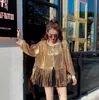 New cool fashion women's o-neck long sleeve loose full paillette shinny bling tassel fringe bottom short jacket dancing performance coat