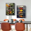 Affiche sur toile avec cuillère à épices et légumes, cuisson des aliments et des fruits, peinture sur toile murale, peinture artistique pour la décoration de la maison