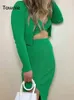 Gitana 2022 verde lavorato a maglia a costine 2 pezzi set vintage slim scollo a V gilet cardigan a vita alta gonna longuette divisa vestito da donna T220729