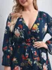 Plus Size Dresses Women Large Midi Dress 2022 Summer Chic Elegant Blue Long Sleeve Casual Floral Evening Party Festival ClothingPlus