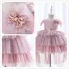 Yoliyolei Tiered Layers Tulle Dress Girl Gown Pearls Necklace V Back Design Flower Girl Wedding Clothes for Children Casual 220707