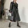 Lautaro Long Excluder Leather Trench Coat for Women Long Sleeve Louse Fit Fall Fall Women Black Women Clothing Streetwear 220813