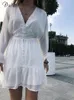 Dicloud Sexig Plunge V Neck Womens Summer Dress White Lace Långärmad mini Bröllopsfest Ruffle Elegant kläder 220805