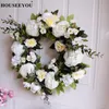 Couronnes de fleurs décoratives 40 cm couronne de fleurs de pivoine artificielle fausses plantes porte d'hortensia avec feuilles vertes printemps pour le bureau à domicile avant T