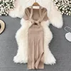 New fashion women's summer square collar short sleeve halter neck knitted bodycon tunic vent jag midi long dress solid color