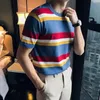 Men's T-Shirts 2022 Summer Fashion Men Korea Style Ice Silk Knitted Sweater Male O-neck Casual Striped Short Sleeve Tops Tee W08