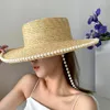 Hattar med bred brätte Dam Sommar Halmhatt Flat Top Fedora Pearl Chain Dekoration Solskydd Kvinna Strand Gorra Mujer VisorWide Oliv22