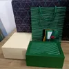 Rolex Box Högkvalitativ Green Watch Cases Papperspåsar Certifikat Originallådor för trä Män Mänklockor Presentväskor Tillbehör H2648