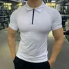 Män blixtlås Polo T-shirt Gym Running Training Fitness Bodybuilding Casual Sport Top Quality Elastic Short Sleeve Male Topps Tees L220704