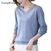 Autumn Winter V-Neck Långärmad kvinnliga tröjor Solid Color Sticking Ladies Blue Pullovers Thin Casual Cotton Wool Topps 201224