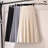 Surmiitro Knitted Midi Pleated Skirt Women for Autumn Winter Korean Ladies High WAIST白い黒いプリーツスカート女性T200324