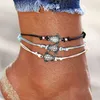 Adjustable Bohemian Ancient Silver Sea Turtle Anklet Bracelet Chain for Women Blue Black Wish Braided Rope Foot Chain Ankle Bracelets Summer Ocean Beach Jewelry