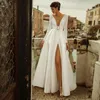 Other Wedding Dresses Simple A-Line Slit Long Sleeves Dress White Floor Length Sheer V Neck Backless Bridal Gowns With Sashes Custom MadeOth