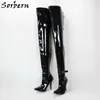 Sorbern Unisex 12Cm High Heel Boots Women Lockable Zipper Back Stilettos Mid Thigh High Boot Hard Shaft Ankle Strap Pointed Toe