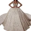 Luxurious Arabic Sequins Wedding Dresses Ball Gown With Long Train Full Sleeve Lace Sweetheart Bridal Dress Custom Made