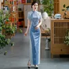 Çin tarzı etnik kıyafetler mavi ulusal uzun bornoz kadın zarif kostüm yaz elbisesi Asya vintage elbise